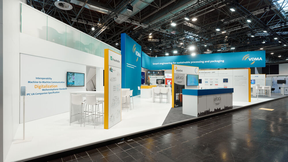 VDMA Messestand, Messe Interpack, Technologielounge, Doppelstock, zweigeschossig, Messebau