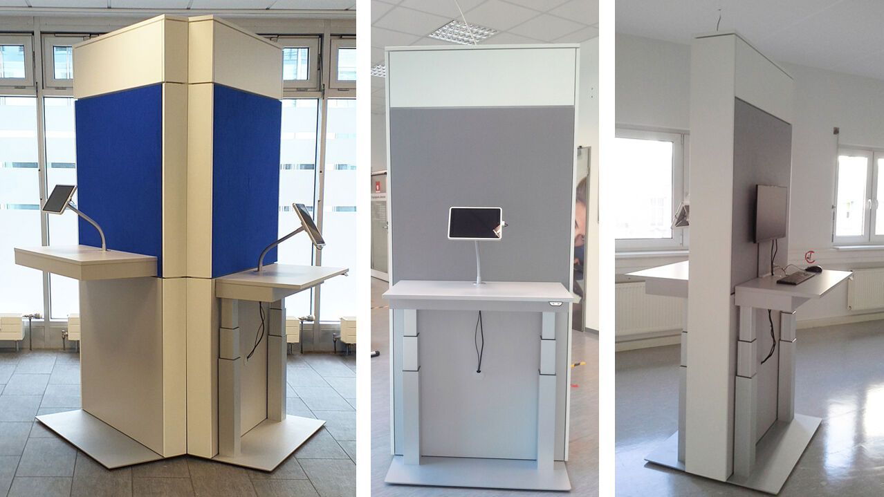 Isingermerz, ISIDesign, Infostelen, Jobcenter Berlin, digitale Informationsplätze, Besucherraum, Werkstatt, Schreinerei